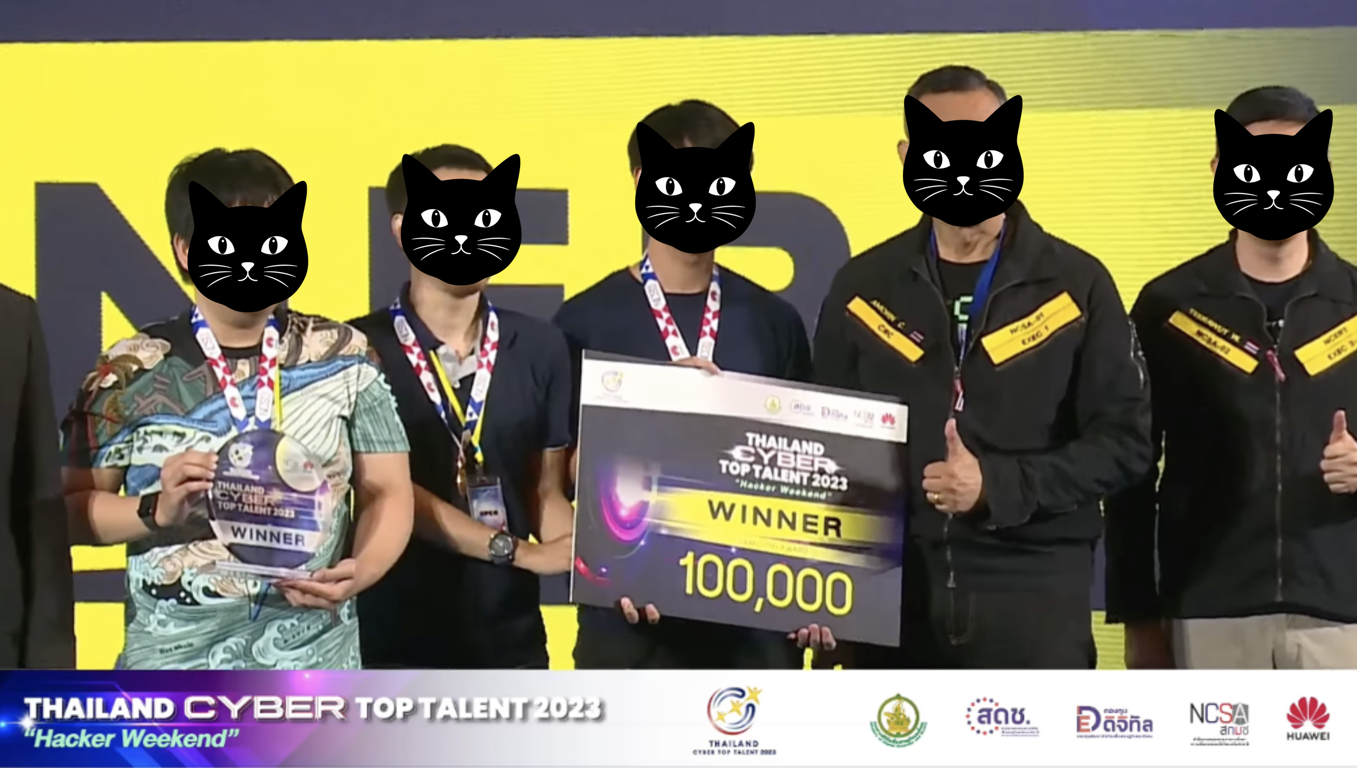 ทีม STH รับรางวัลผู้ชนะ Thailand Cyber Top Talent 2023 โดยปิดบังใบหน้าด้วยภาพแมว