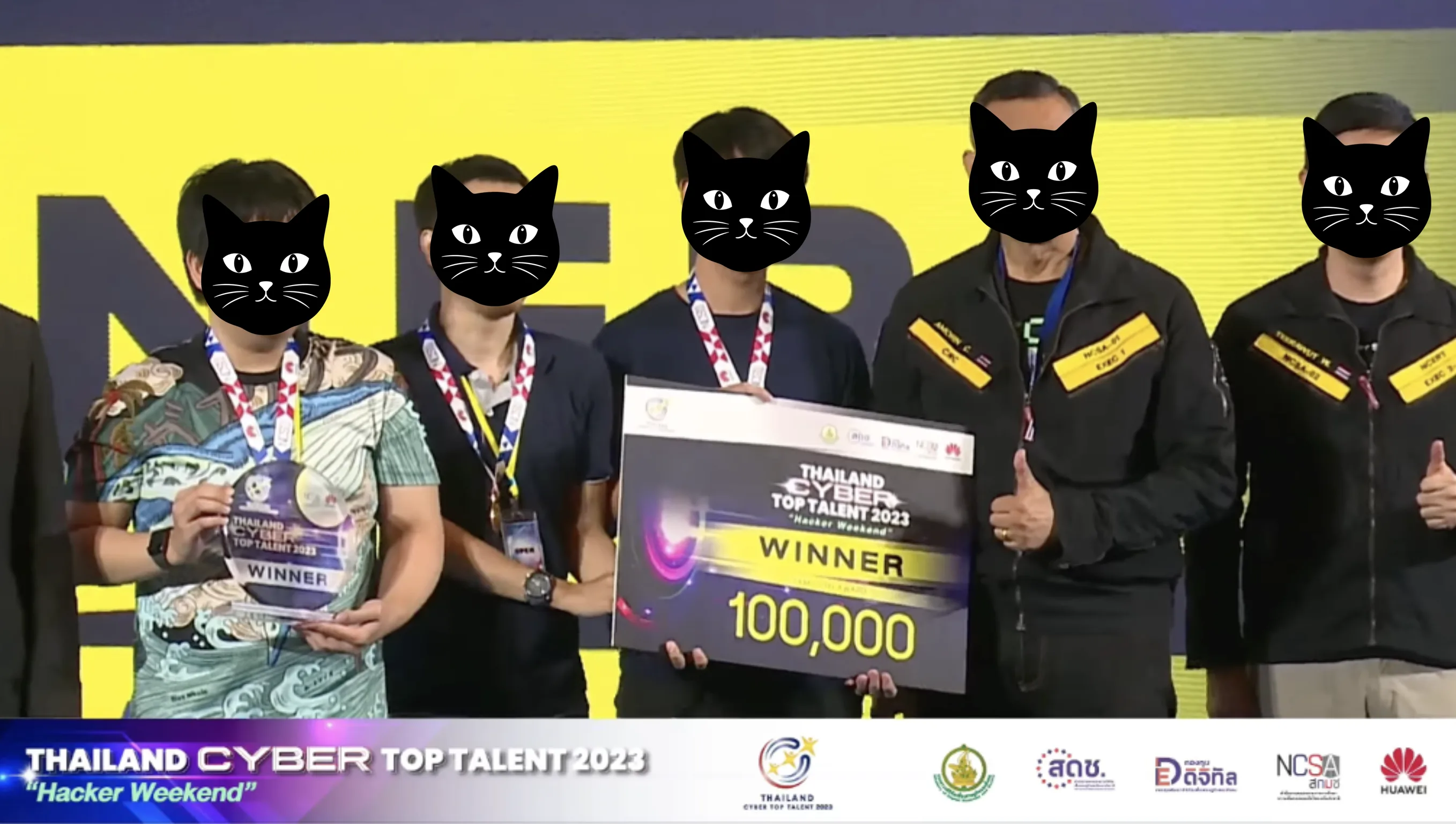 ทีม STH รับรางวัลผู้ชนะ Thailand Cyber Top Talent 2023 โดยปิดบังใบหน้าด้วยภาพแมว