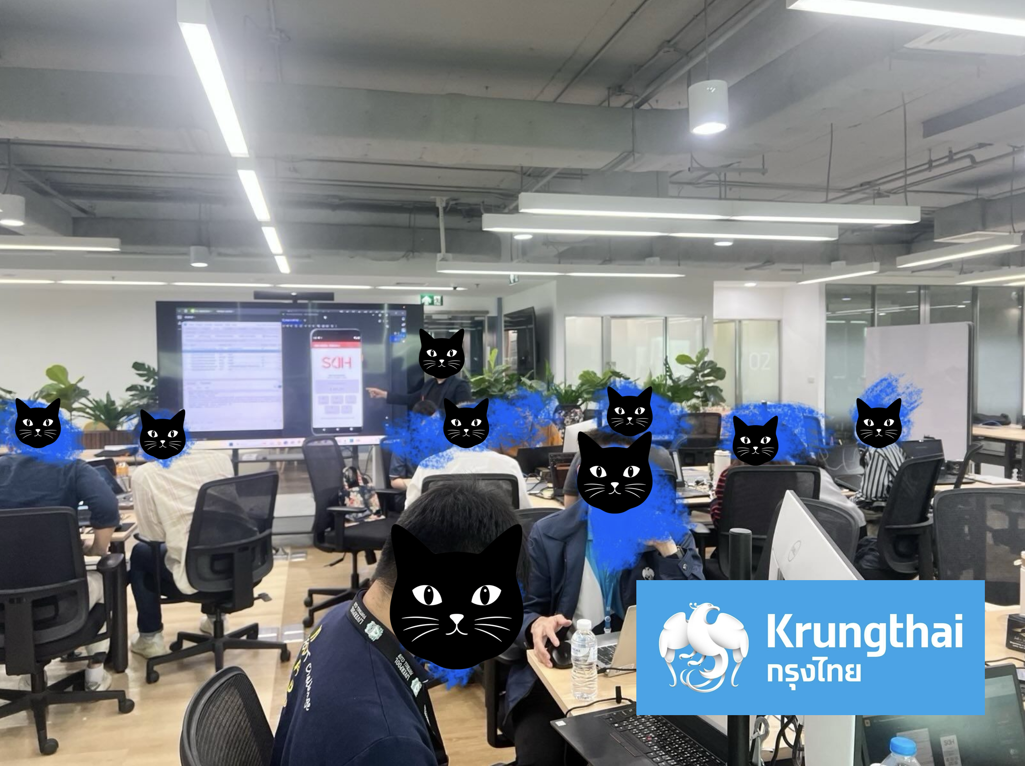 บรรยากาศเวิร์กช็อป Mobile Application Security Testing ที่ธนาคารกรุงไทย โดยปิดบังใบหน้าด้วยภาพแมว