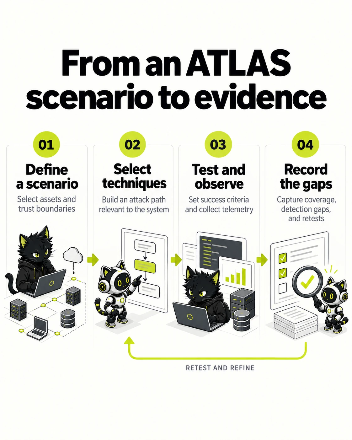 From an ATLAS scenario to evidence: Define a scenario → Select techniques → Test and observe → Record the gaps
