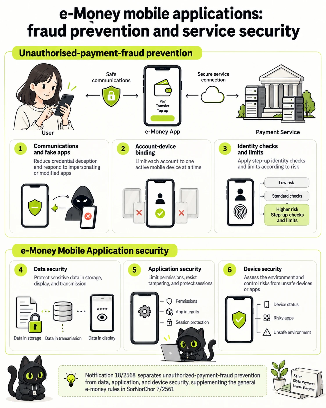 e-Money mobile applications: fraud prevention and service security: Communications and fake apps, Account-device binding, Identity checks and limits, Data security, Application security, Device security