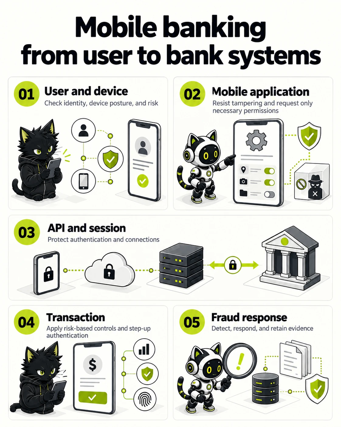 Mobile banking from user to bank systems: User and device, Mobile application, API and session, Transaction, Fraud response