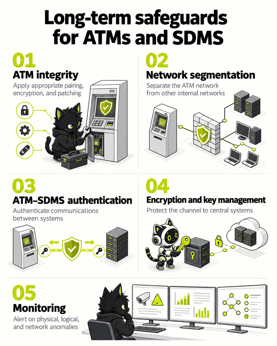 Long-term safeguards for ATMs and SDMS: ATM integrity, Network segmentation, ATM–SDMS authentication, Encryption and key management, Monitoring