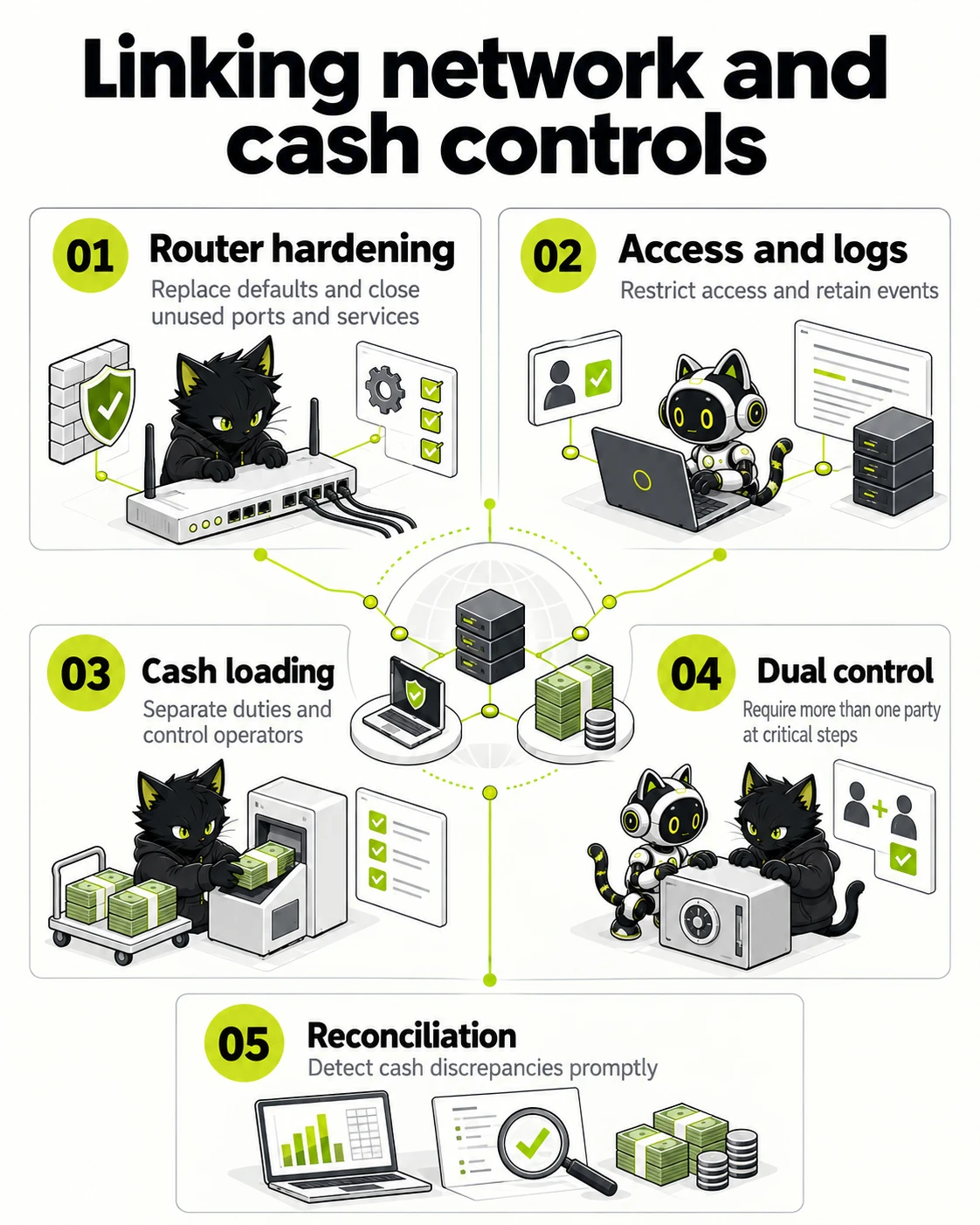 Linking network and cash controls: Router hardening, Access and logs, Cash loading, Dual control, Reconciliation