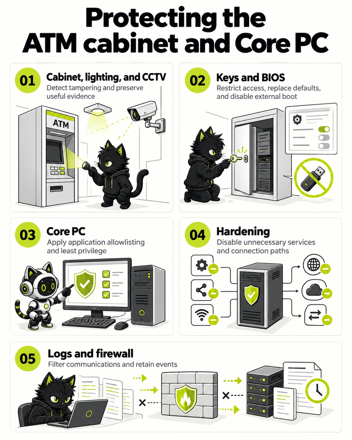 Protecting the ATM cabinet and Core PC: Cabinet, lighting, and CCTV, Keys and BIOS, Core PC, Hardening, Logs and firewall