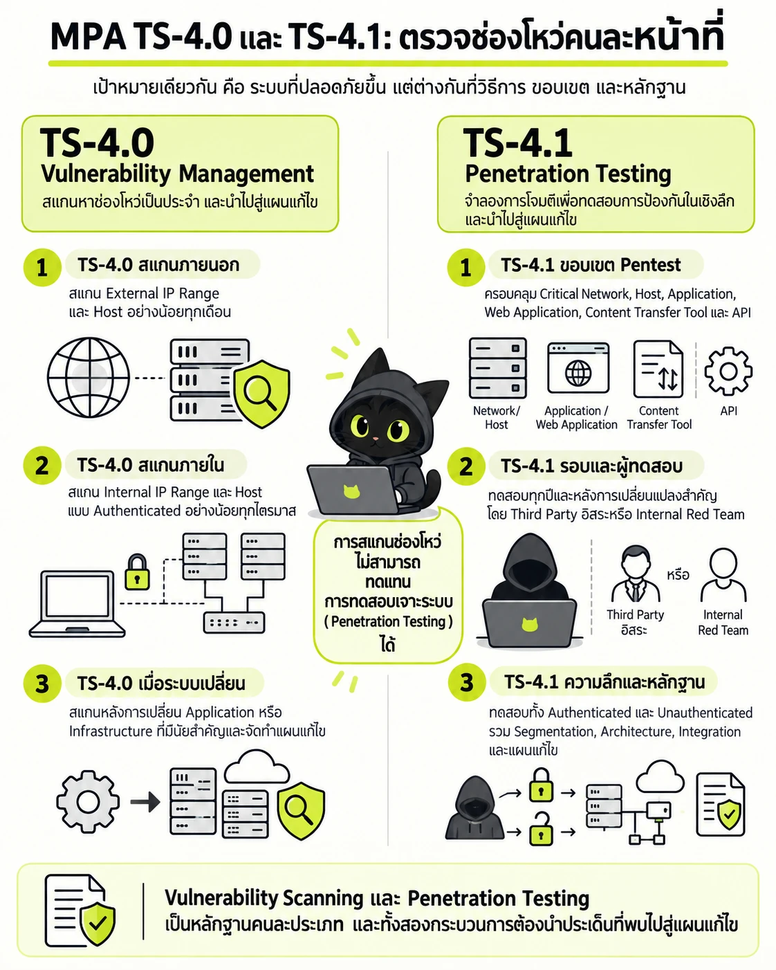 MPA TS-4.0 และ TS-4.1: ตรวจช่องโหว่คนละหน้าที่: TS-4.0 สแกนภายนอก, TS-4.0 สแกนภายใน, TS-4.0 เมื่อระบบเปลี่ยน, TS-4.1 ขอบเขต Pentest, TS-4.1 รอบและผู้ทดสอบ, TS-4.1 ความลึกและหลักฐาน