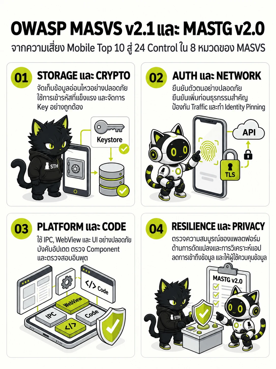OWASP MASVS v2.1 และ MASTG v2.0: STORAGE และ CRYPTO, AUTH และ NETWORK, PLATFORM และ CODE, RESILIENCE และ PRIVACY