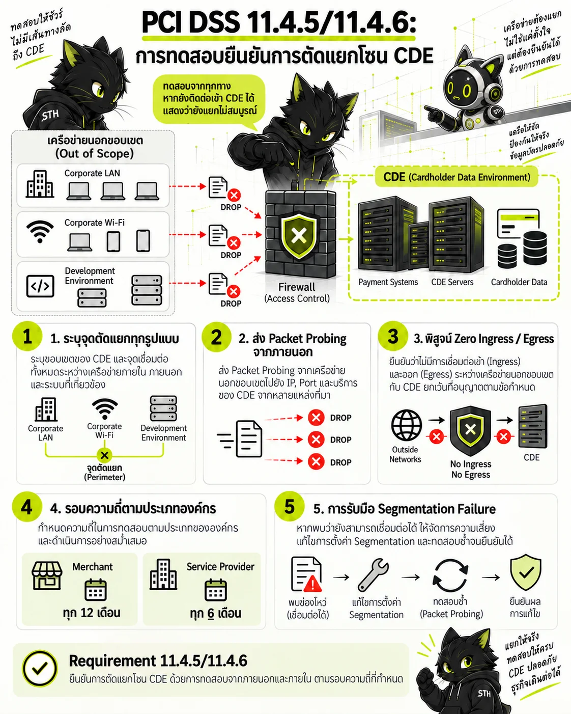 ผังส่ง Packet Probes จากเครือข่ายนอกขอบเขตถึงไฟร์วอลล์ CDE และถูกบล็อก พร้อมรอบทดสอบ