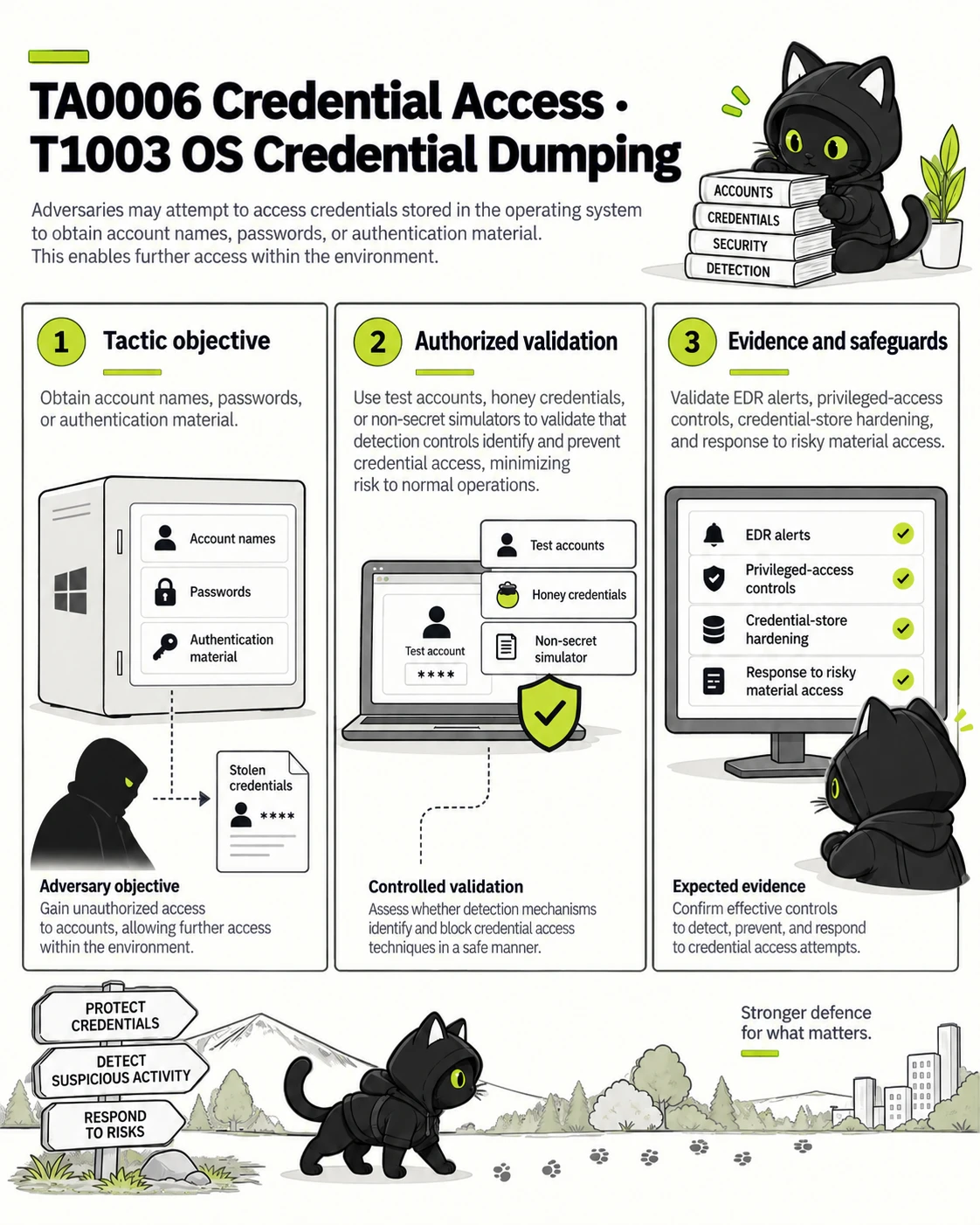 TA0006 Credential Access · T1003 OS Credential Dumping: Tactic objective, Authorized validation, Evidence and safeguards