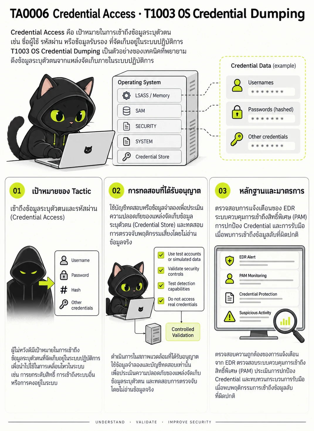 TA0006 Credential Access · T1003 OS Credential Dumping: เป้าหมายของ Tactic, การทดสอบที่ได้รับอนุญาต, หลักฐานและมาตรการ