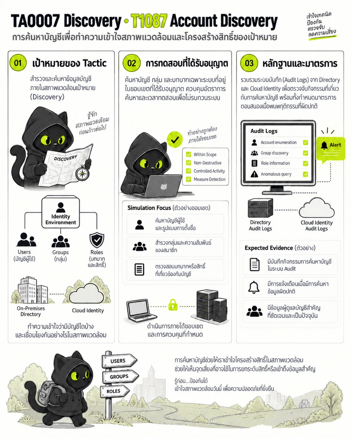 TA0007 Discovery · T1087 Account Discovery: เป้าหมายของ Tactic, การทดสอบที่ได้รับอนุญาต, หลักฐานและมาตรการ