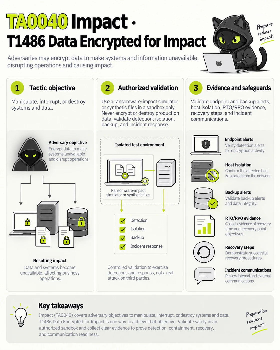 TA0040 Impact · T1486 Data Encrypted for Impact: Tactic objective, Authorized validation, Evidence and safeguards