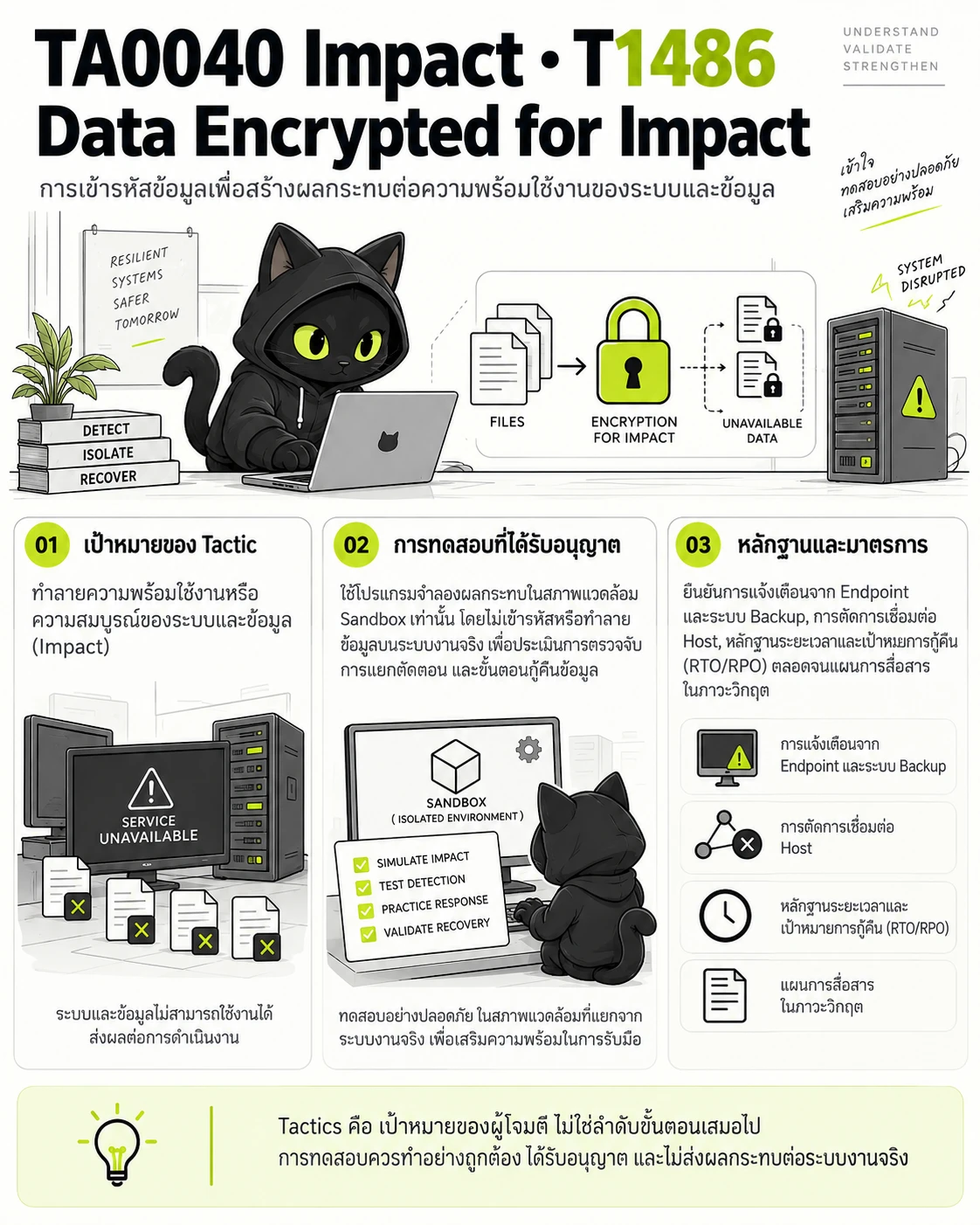 TA0040 Impact · T1486 Data Encrypted for Impact: เป้าหมายของ Tactic, การทดสอบที่ได้รับอนุญาต, หลักฐานและมาตรการ