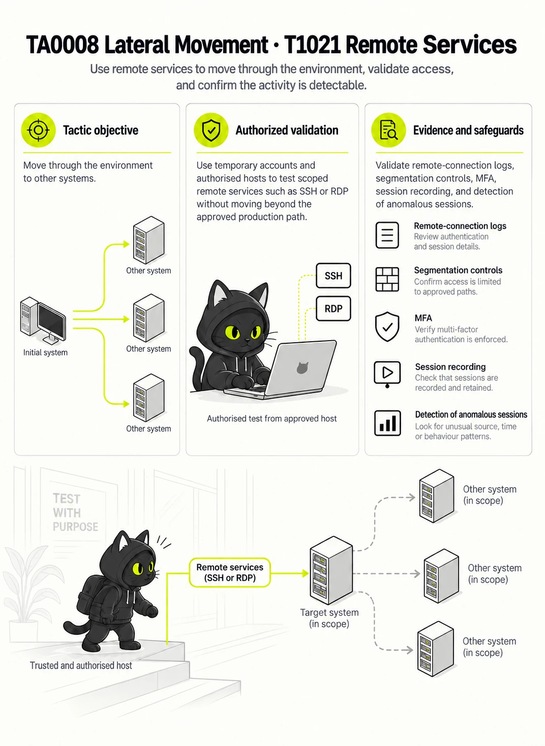 TA0008 Lateral Movement · T1021 Remote Services: Tactic objective, Authorized validation, Evidence and safeguards