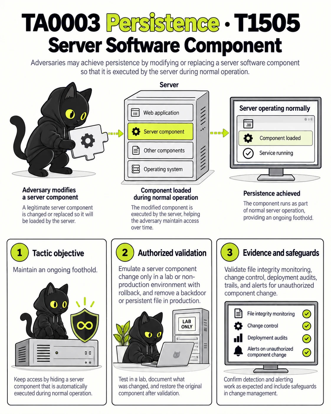 TA0003 Persistence · T1505 Server Software Component: Tactic objective, Authorized validation, Evidence and safeguards