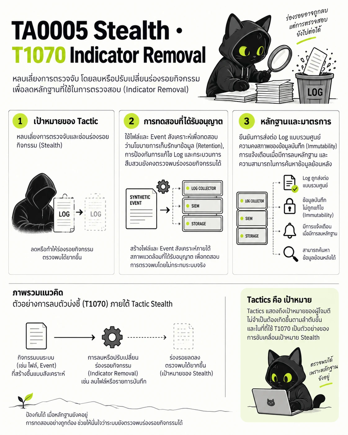 TA0005 Stealth · T1070 Indicator Removal: เป้าหมายของ Tactic, การทดสอบที่ได้รับอนุญาต, หลักฐานและมาตรการ