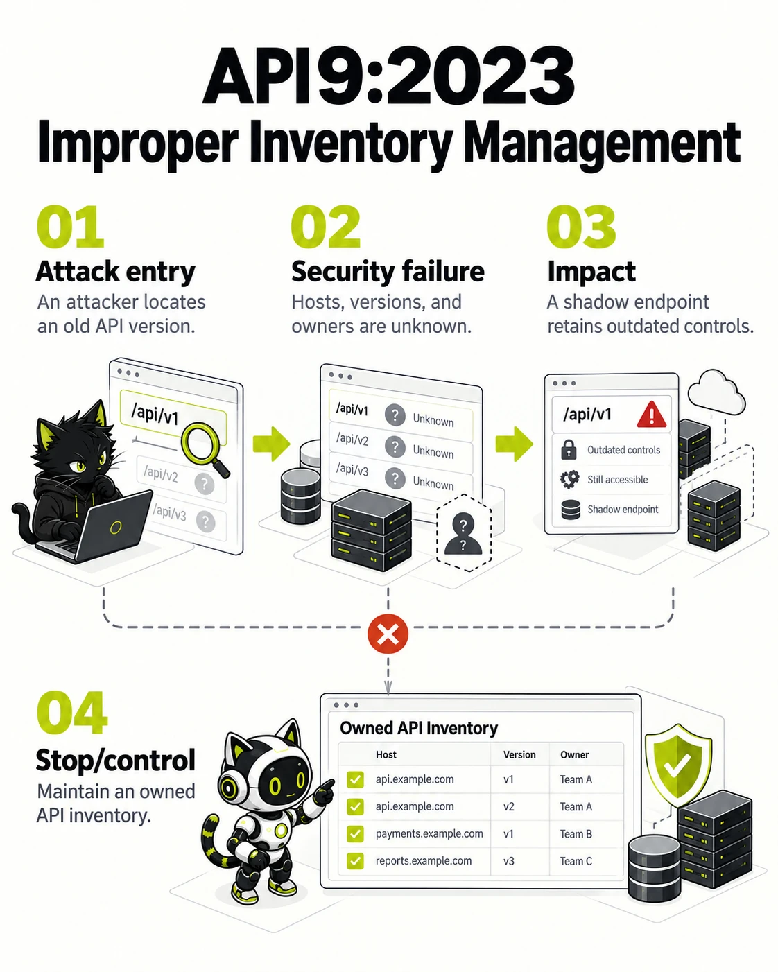 API9:2023 Improper Inventory Management: Attack entry, Security failure, Impact, Stop/control