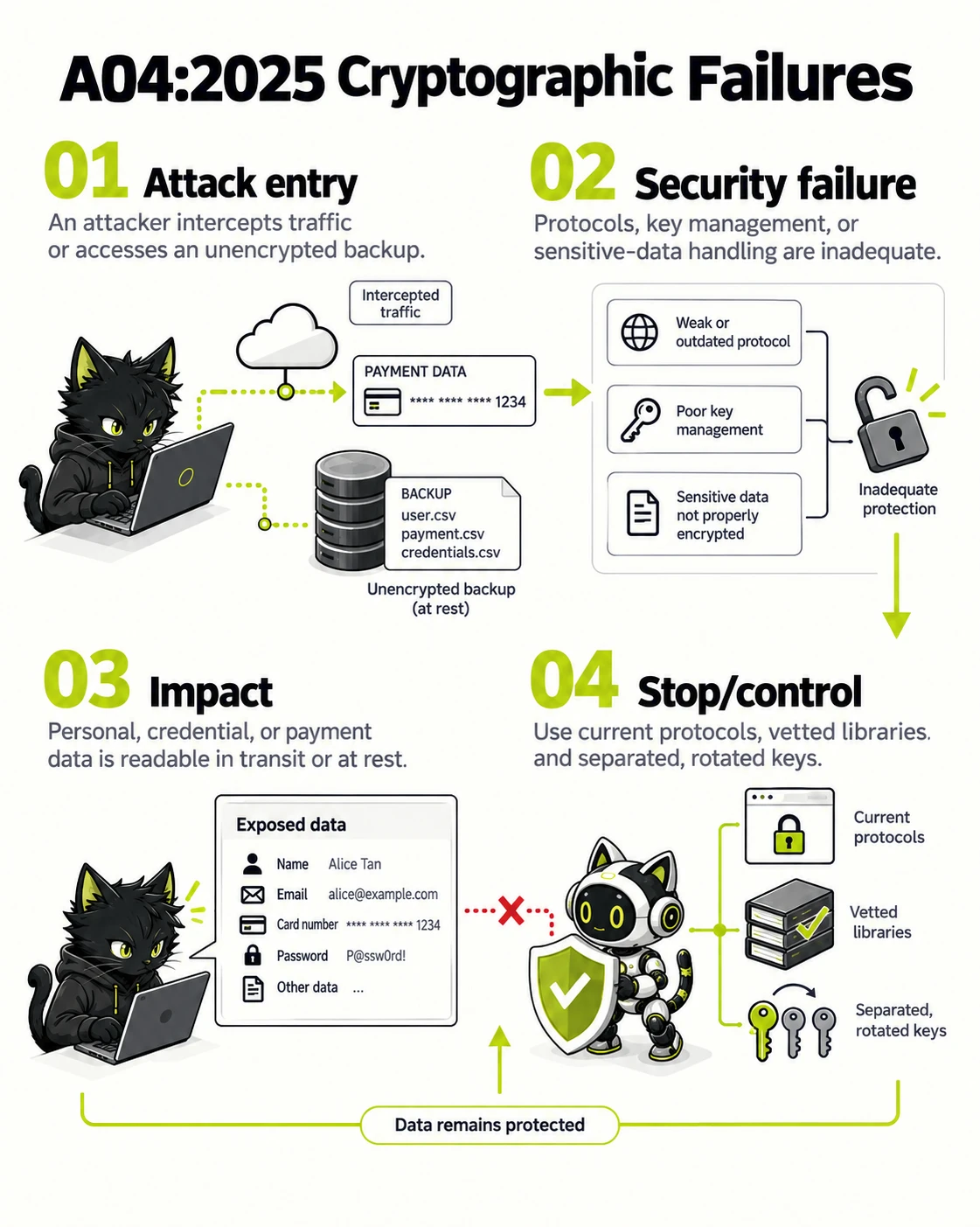A04:2025 Cryptographic Failures: Attack entry, Security failure, Impact, Stop/control