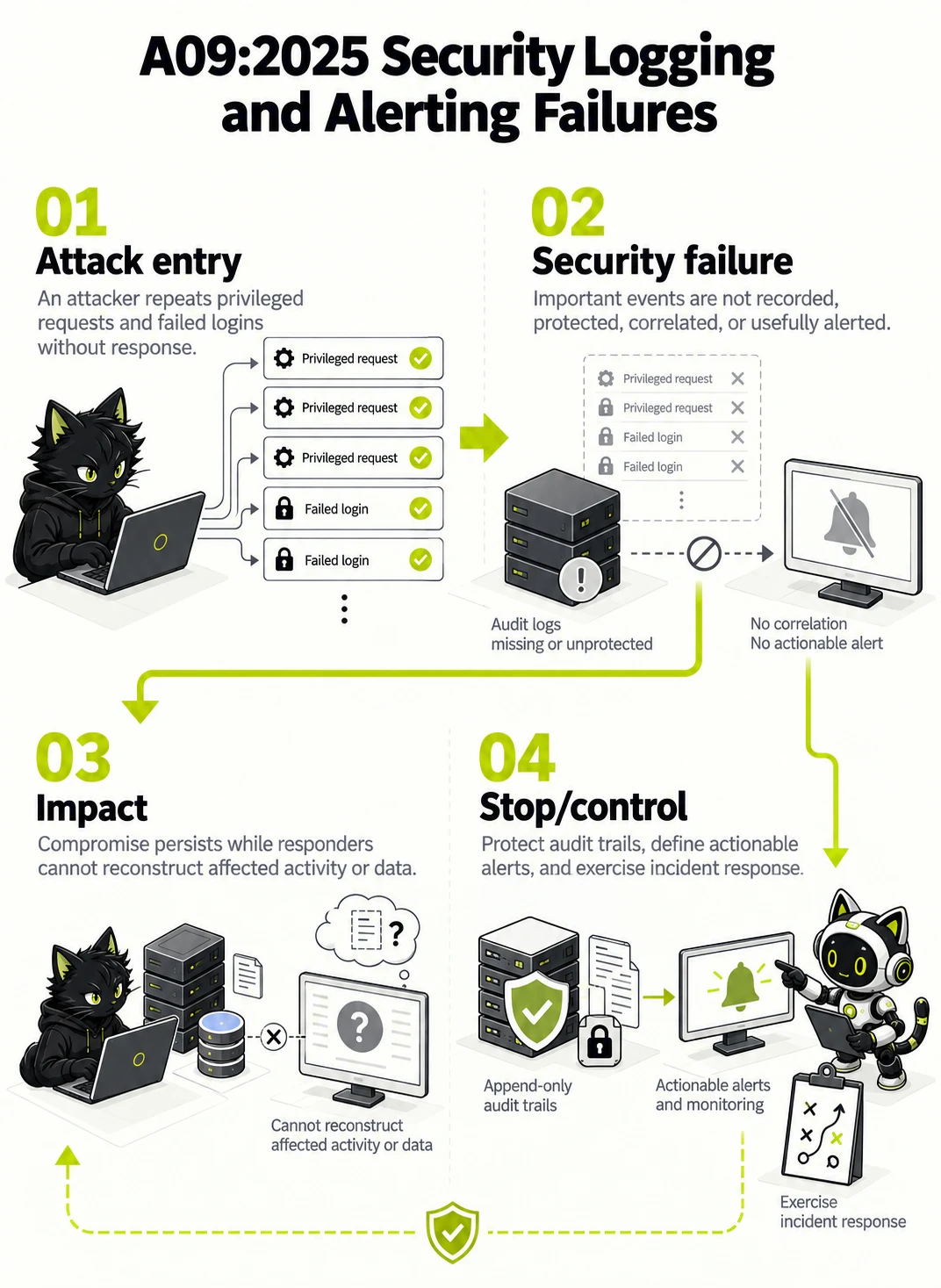 A09:2025 Security Logging and Alerting Failures: Attack entry, Security failure, Impact, Stop/control