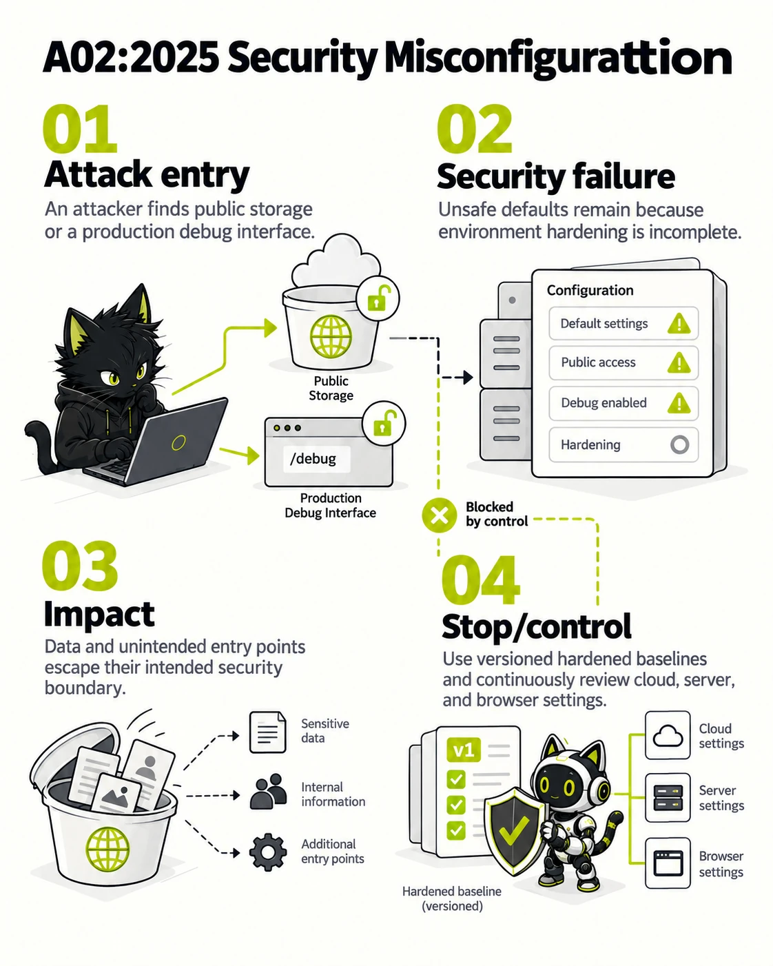 A02:2025 Security Misconfiguration: Attack entry, Security failure, Impact, Stop/control
