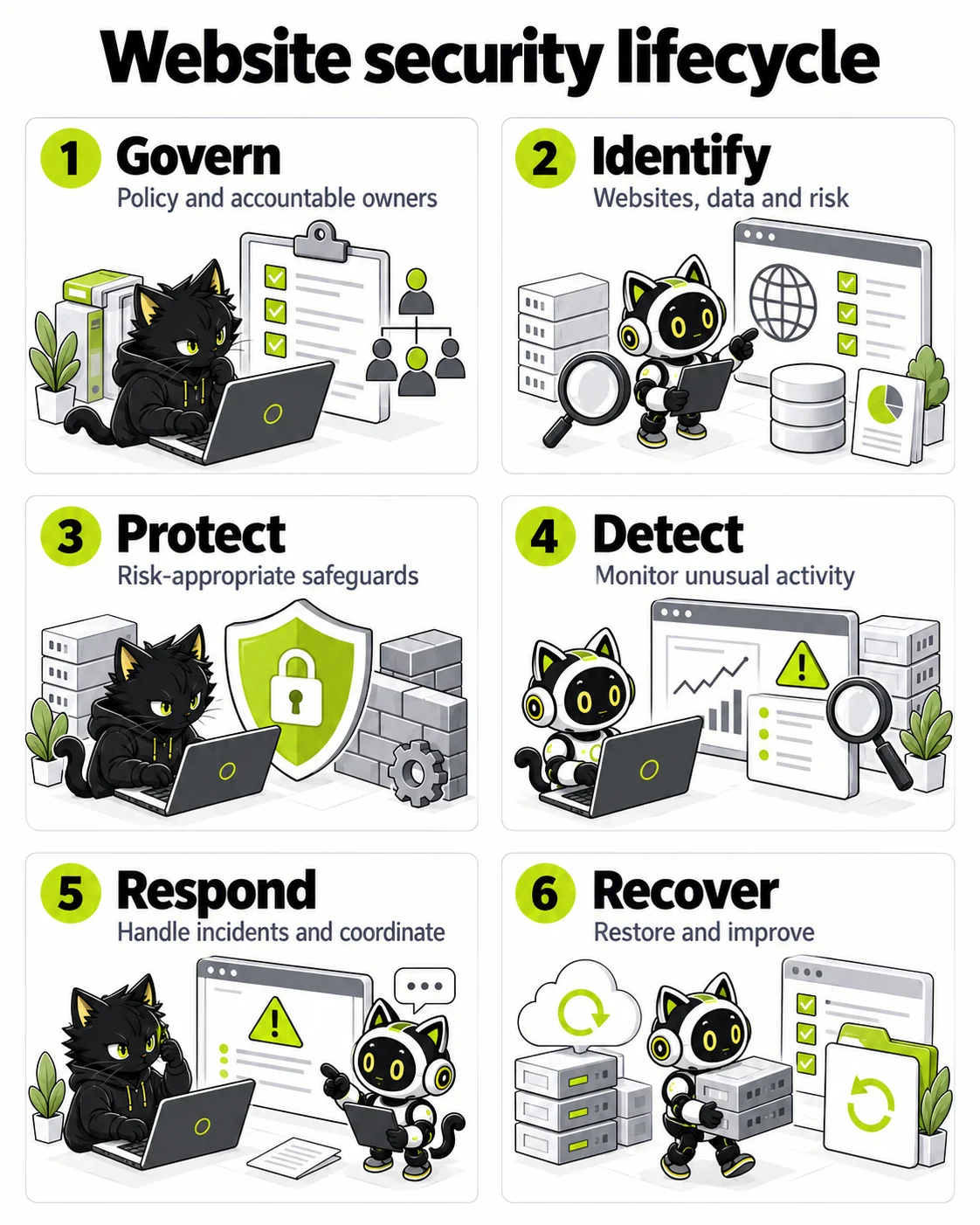 Website security lifecycle: Govern, Identify, Protect, Detect, Respond, Recover