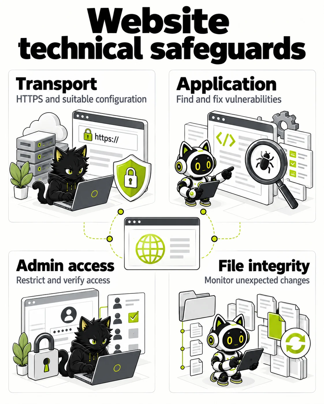 Website technical safeguards: Transport, Application, Admin access, File integrity