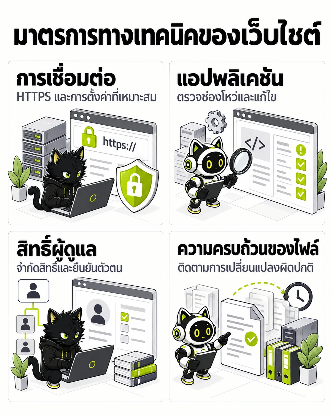 มาตรการทางเทคนิคของเว็บไซต์: การเชื่อมต่อ, แอปพลิเคชัน, สิทธิ์ผู้ดูแล, ความครบถ้วนของไฟล์