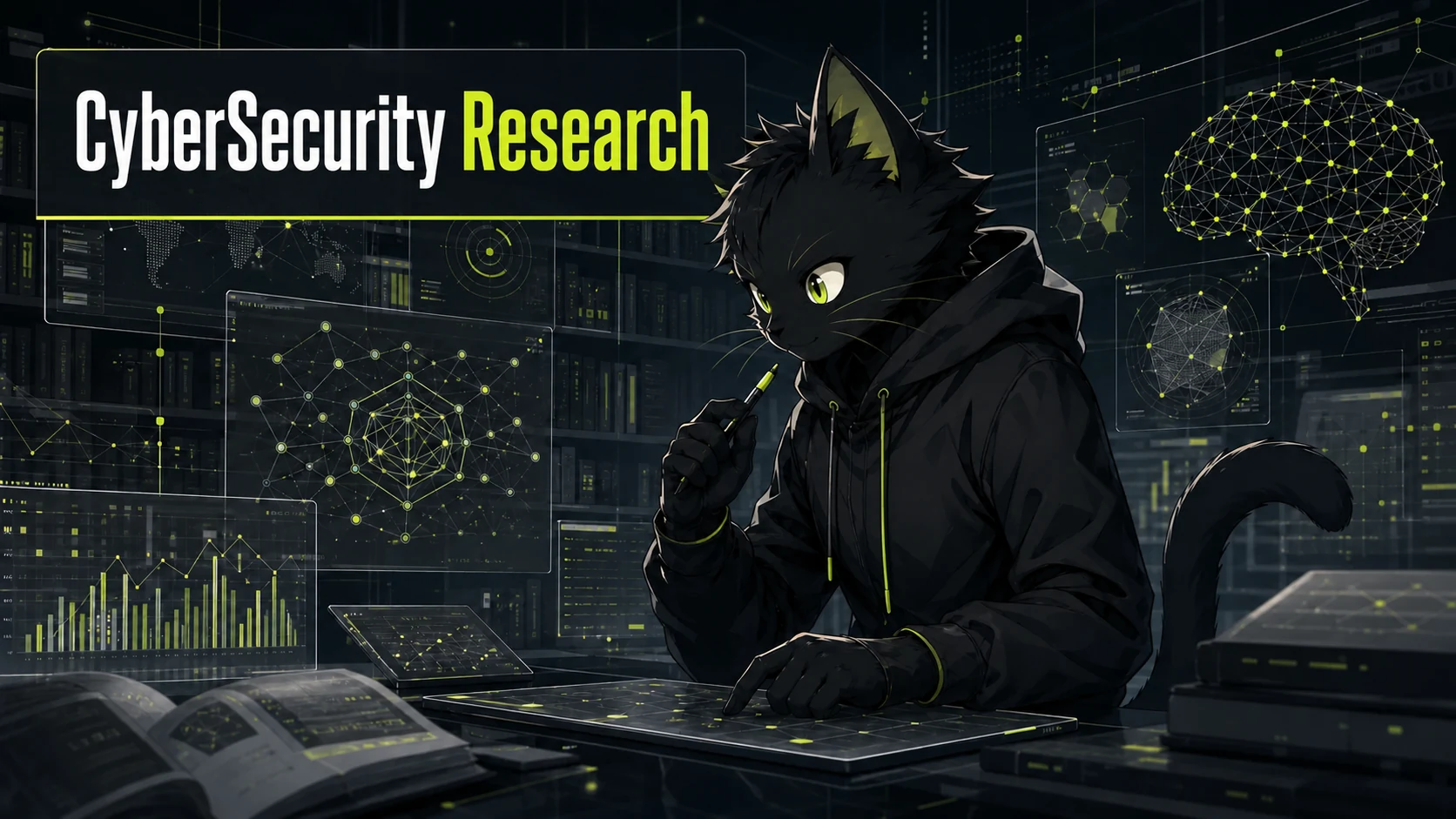 CyberSecurity Research ภาพประกอบนักวิจัยความปลอดภัยแมวดำกำลังศึกษาและวิเคราะห์ข้อมูลความปลอดภัยบนอุปกรณ์โฮโลแกรม