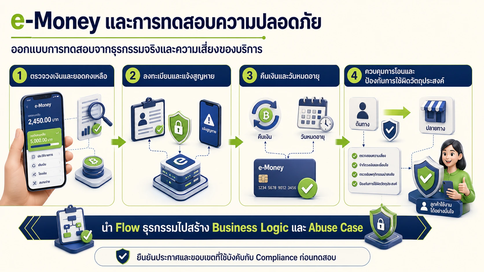 อินโฟกราฟิกอธิบายการทดสอบความปลอดภัยของบริการ e-Money จากวงเงิน การลงทะเบียน การคืนเงิน และการควบคุมการโอน
