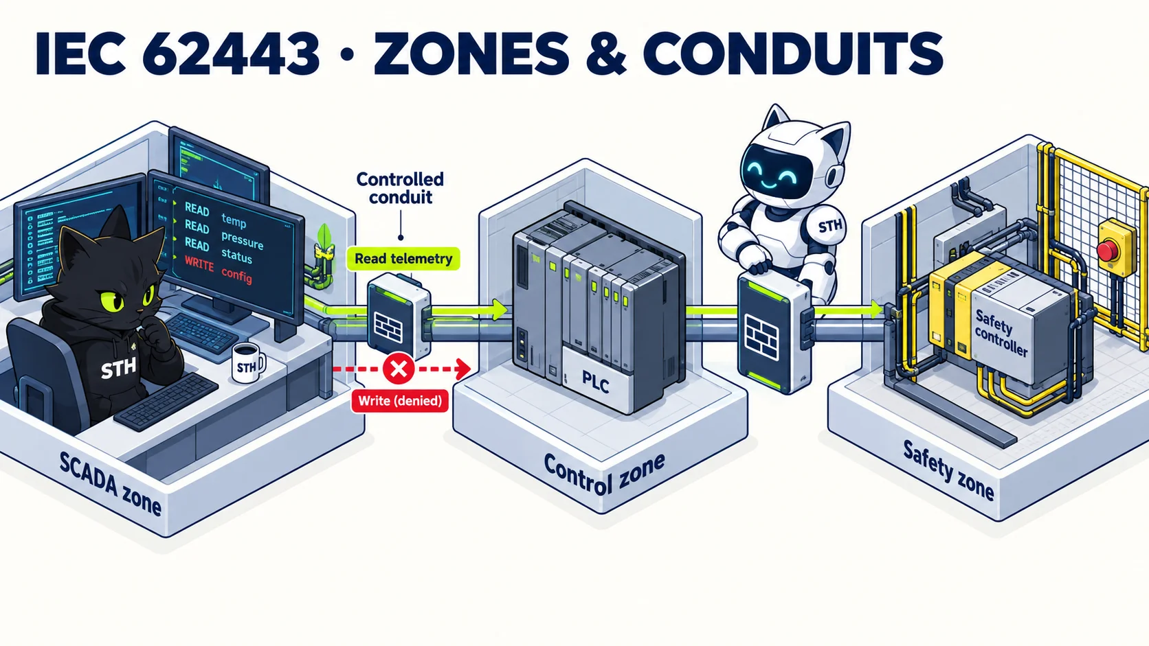 ภาพอินโฟกราฟิกอธิบาย: การแบ่งโซนและท่อทางผ่าน (Zones and Conduits ตาม IEC 62443-3-2)