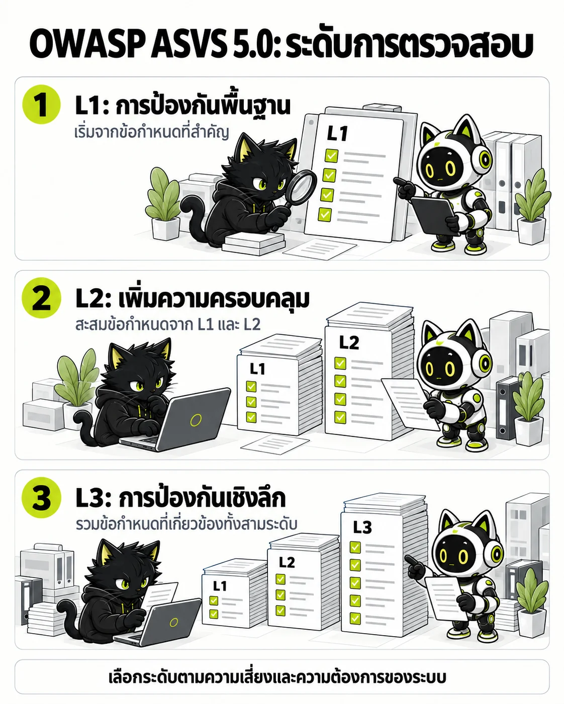 OWASP ASVS 5.0: ระดับการตรวจสอบ: L1: การป้องกันพื้นฐาน, L2: เพิ่มความครอบคลุม, L3: การป้องกันเชิงลึก