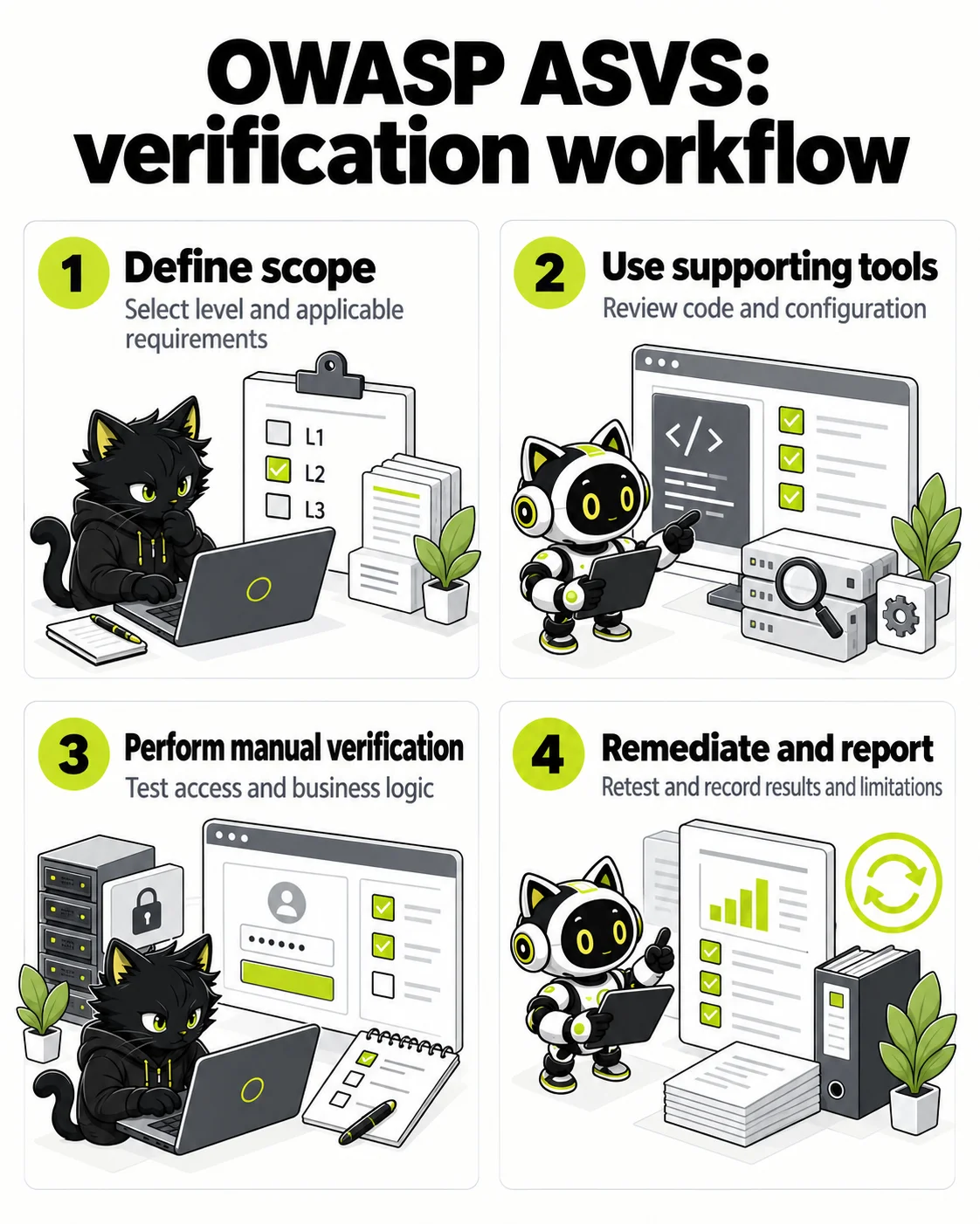 OWASP ASVS: verification workflow: Define scope, Use supporting tools, Perform manual verification, Remediate and report