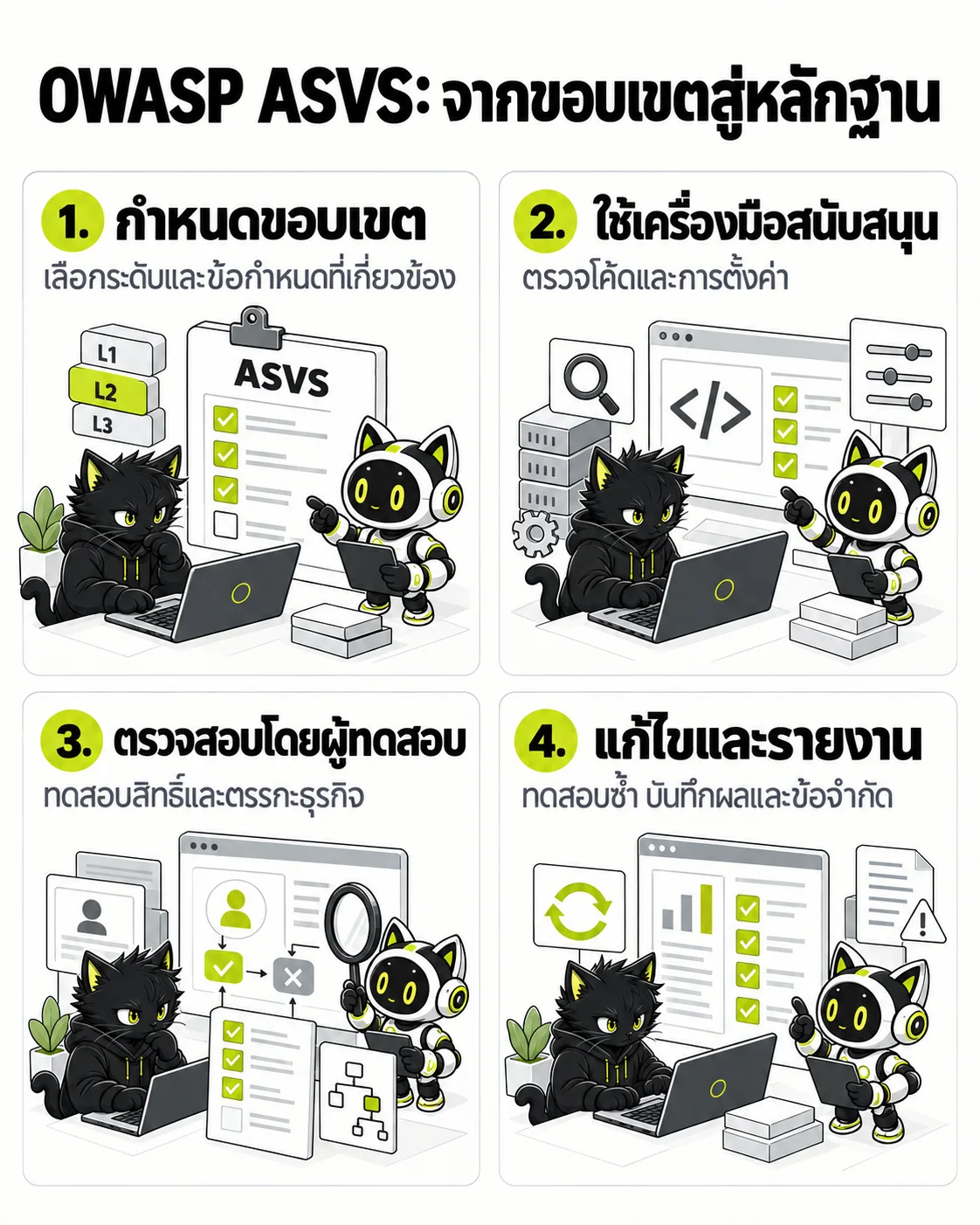 OWASP ASVS: จากขอบเขตสู่หลักฐาน: กำหนดขอบเขต, ใช้เครื่องมือสนับสนุน, ตรวจสอบโดยผู้ทดสอบ, แก้ไขและรายงาน