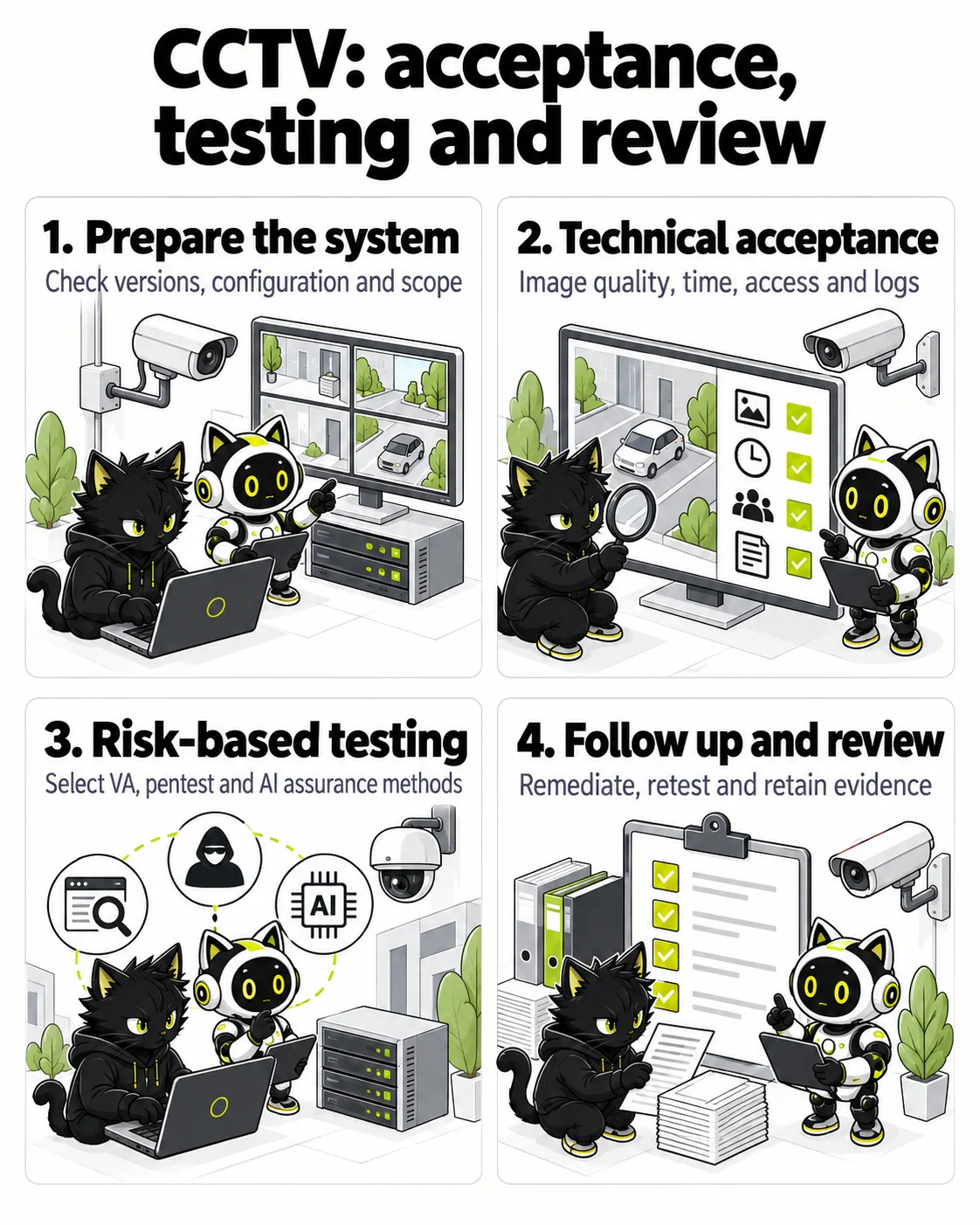 CCTV: acceptance, testing and review: Prepare the system, Technical acceptance, Risk-based testing, Follow up and review