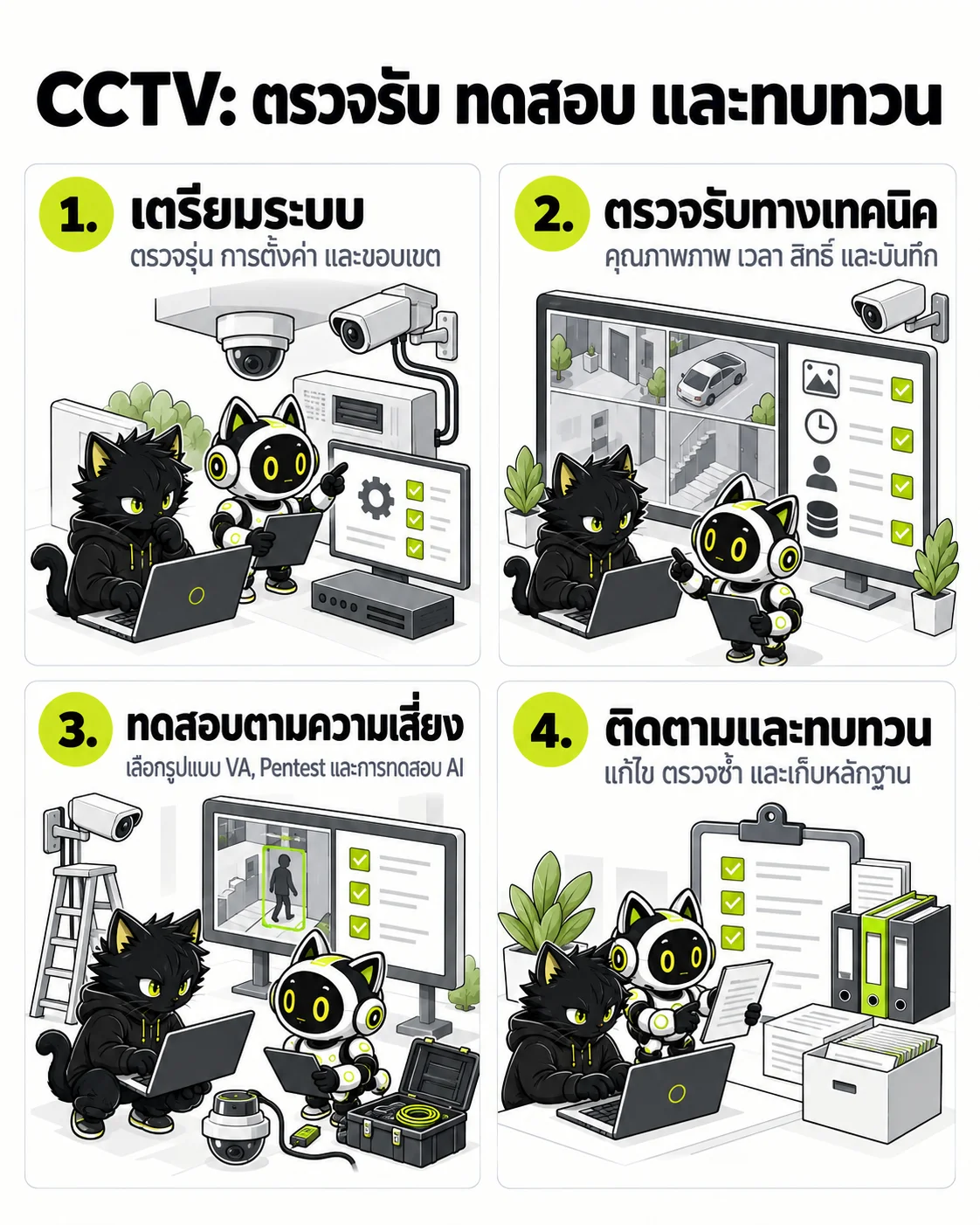 CCTV: ตรวจรับ ทดสอบ และทบทวน: เตรียมระบบ, ตรวจรับทางเทคนิค, ทดสอบตามความเสี่ยง, ติดตามและทบทวน