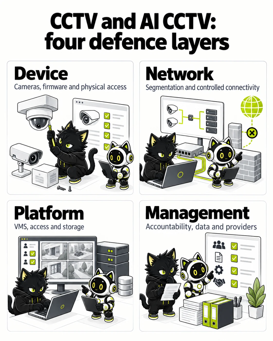 CCTV and AI CCTV: four defence layers: Device, Network, Platform, Management