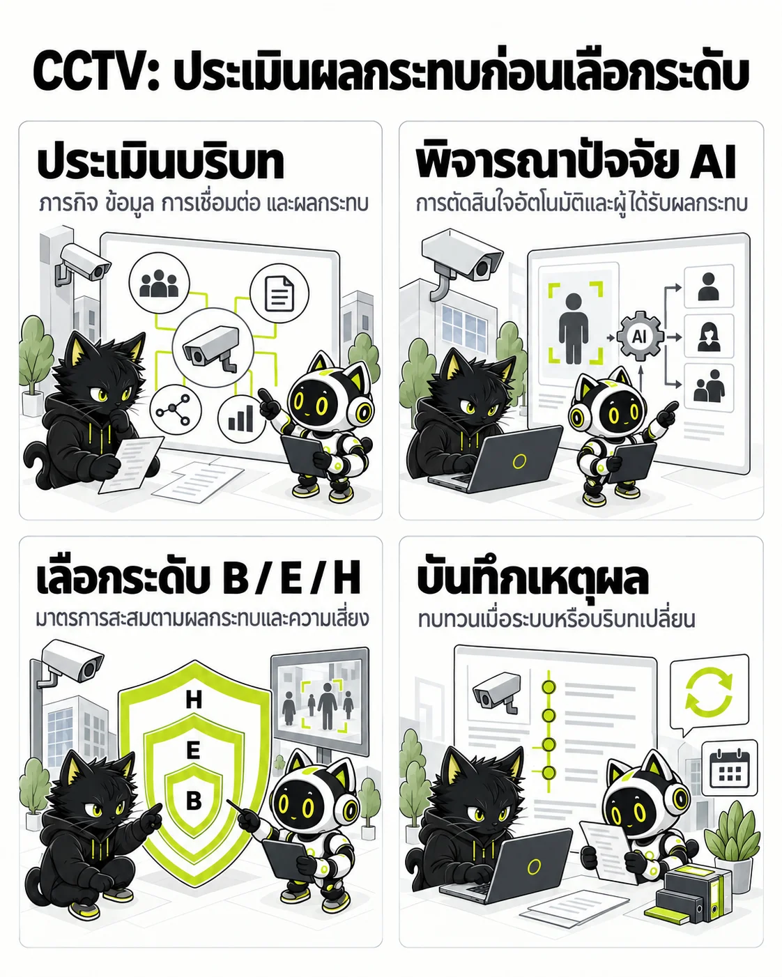 CCTV: ประเมินผลกระทบก่อนเลือกระดับ: ประเมินบริบท, พิจารณาปัจจัย AI, เลือกระดับ B / E / H, บันทึกเหตุผล