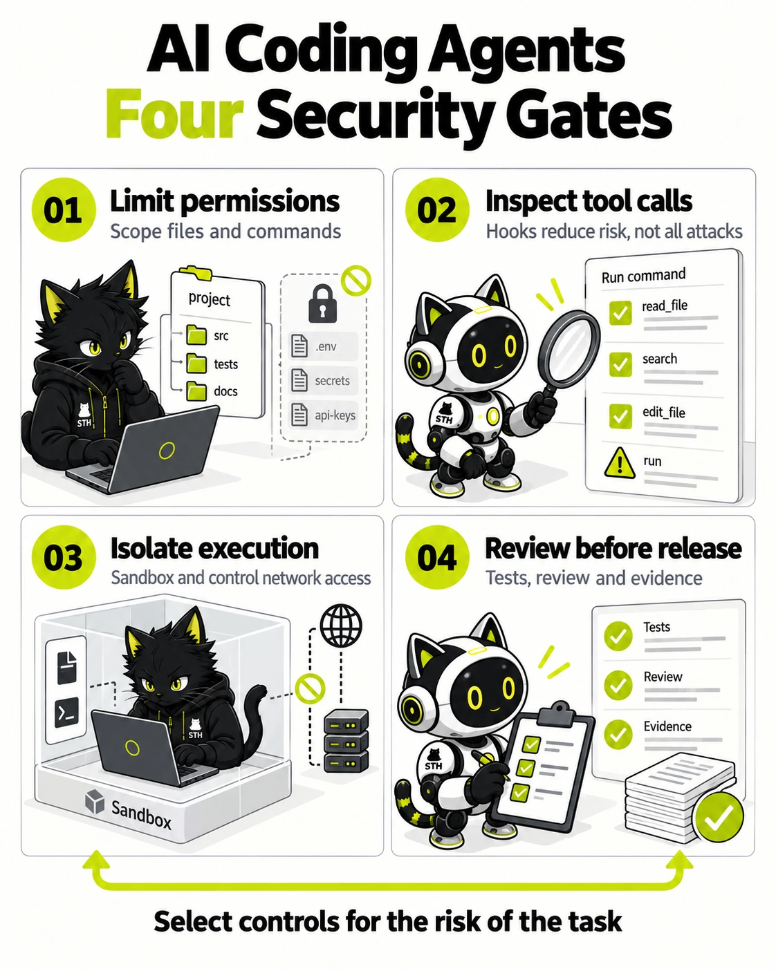 AI coding agents: four security gates: Limit permissions, Inspect tool calls, Isolate execution, Review before release