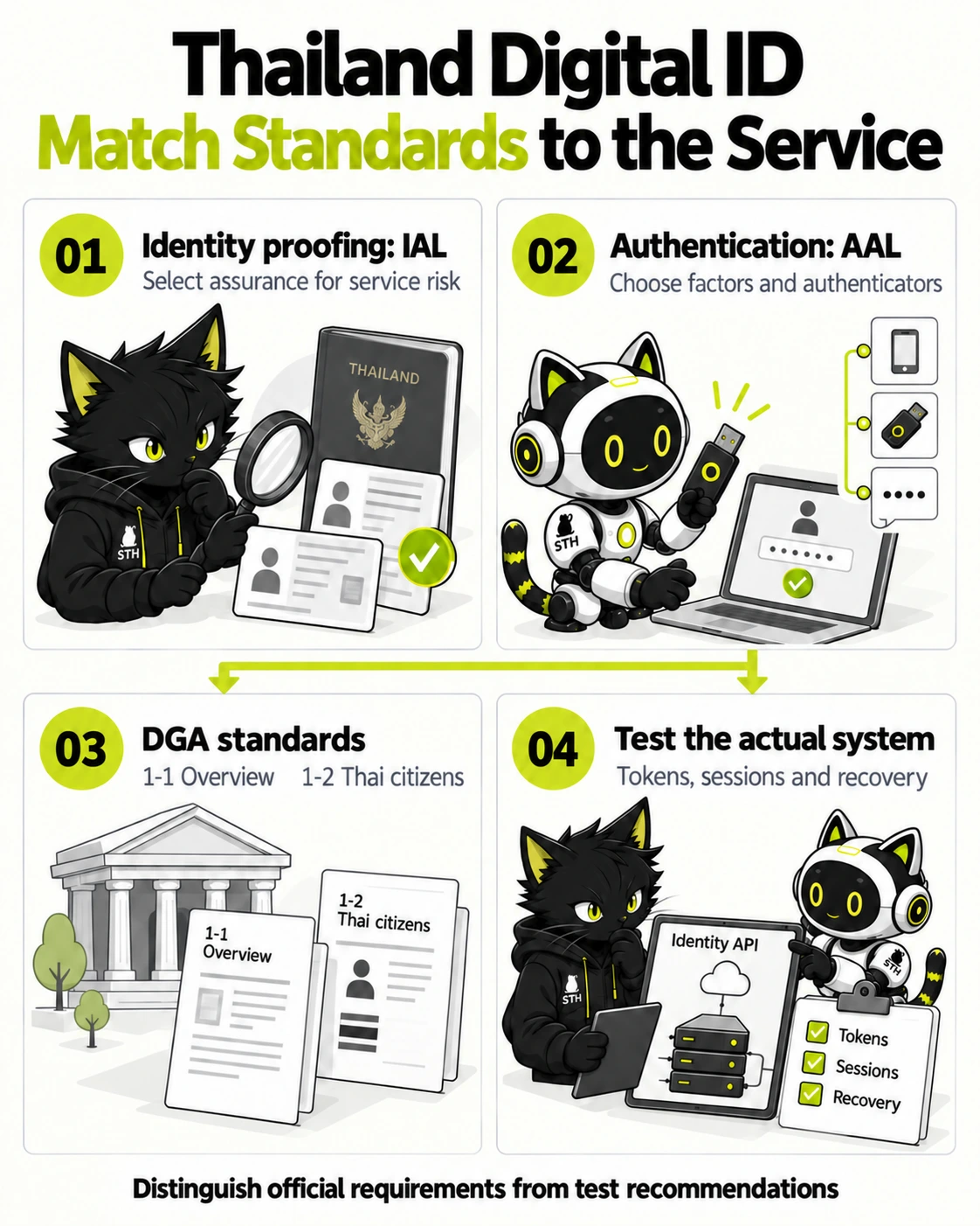 Thailand Digital ID: match standards to the service: Identity proofing: IAL, Authentication: AAL, DGA standards, Test the actual system