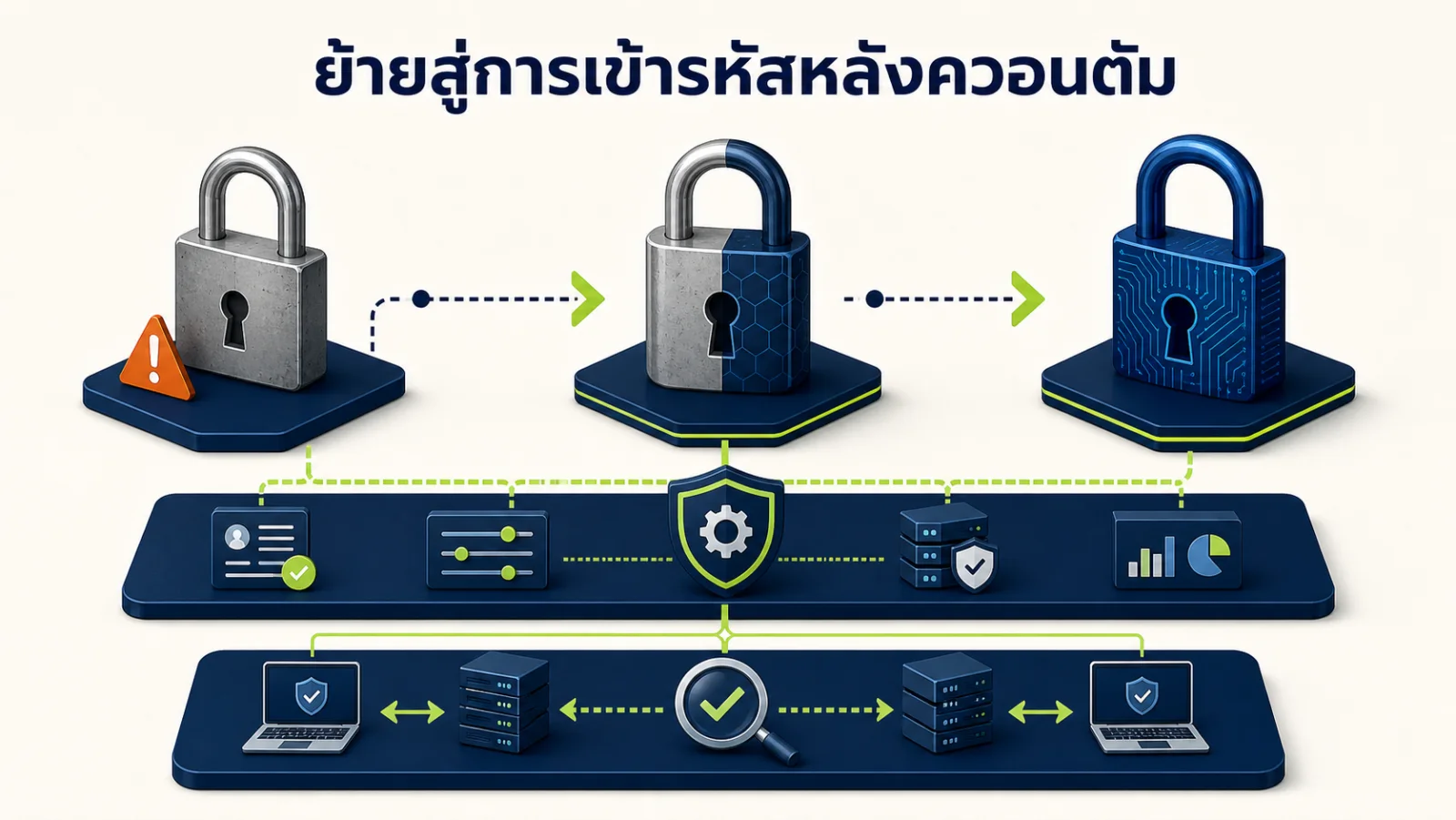 ภาพอินโฟกราฟิกอธิบาย: PQC, QKD และการออกแบบการเปลี่ยนผ่าน