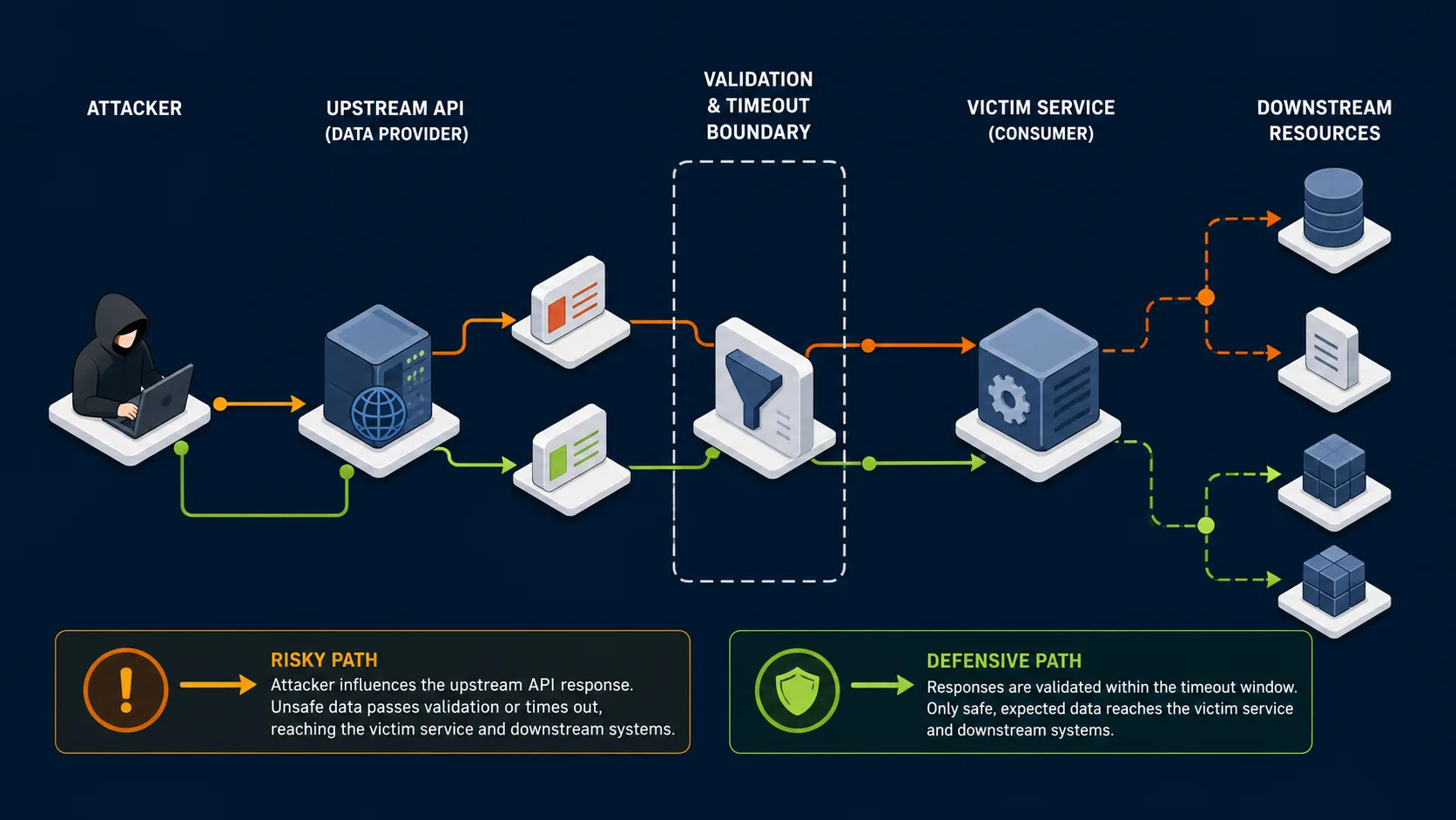 API10:2023 attack path against a victim application and its mitigating control