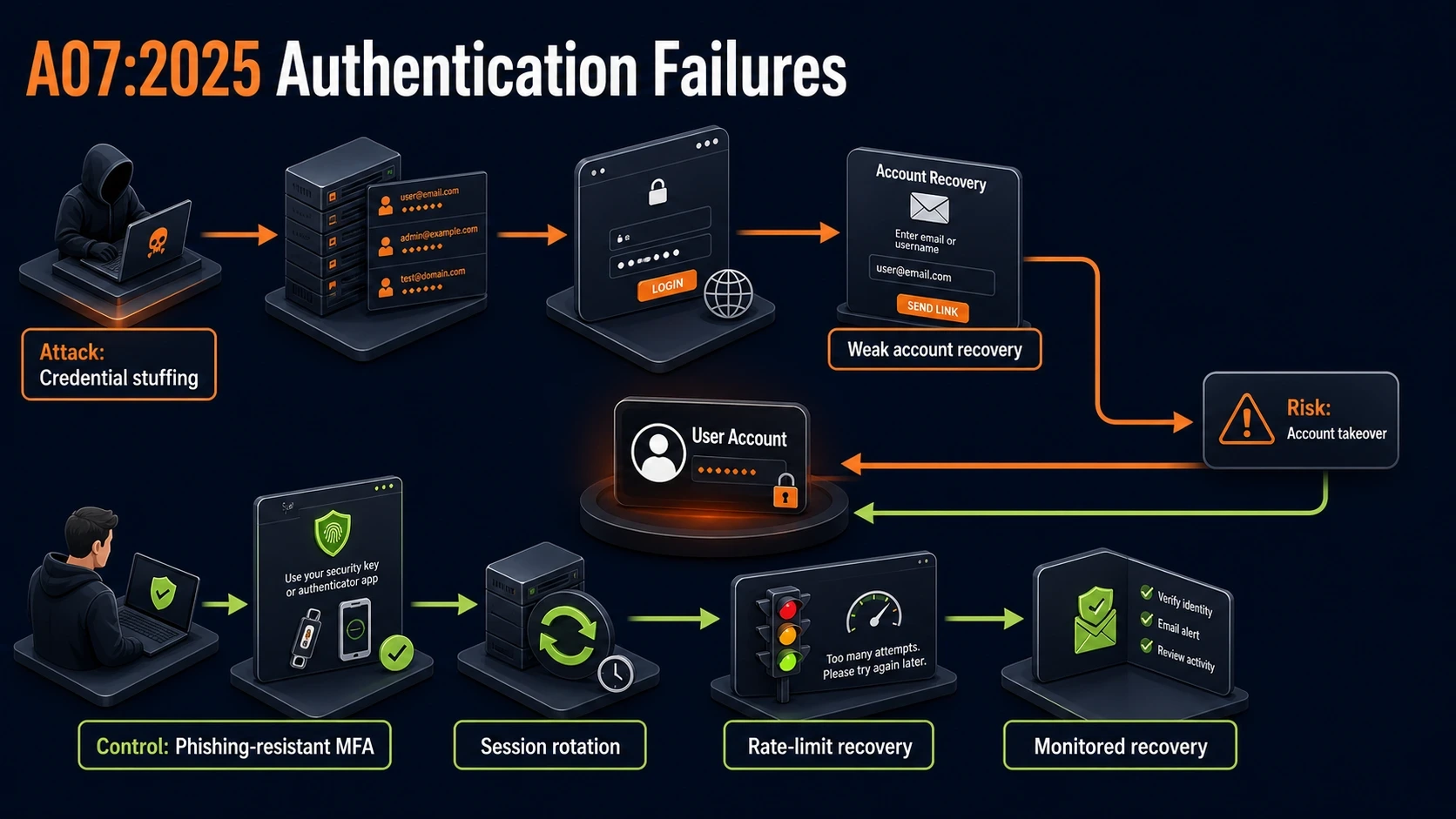 A07:2025 attack path against a victim application and its mitigating control