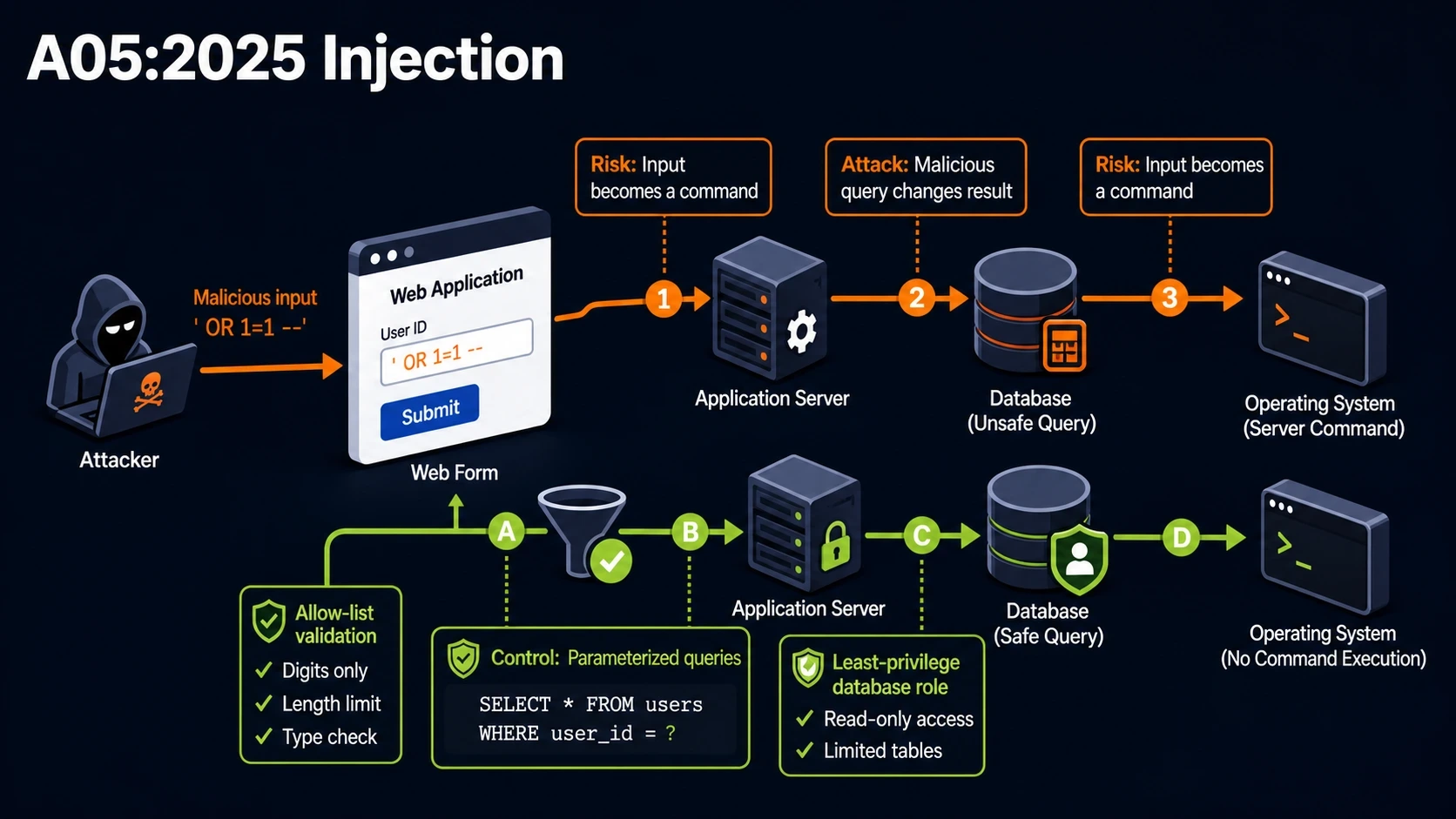 A05:2025 attack path against a victim application and its mitigating control