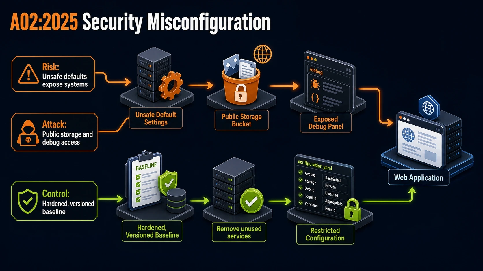 A02:2025 attack path against a victim application and its mitigating control