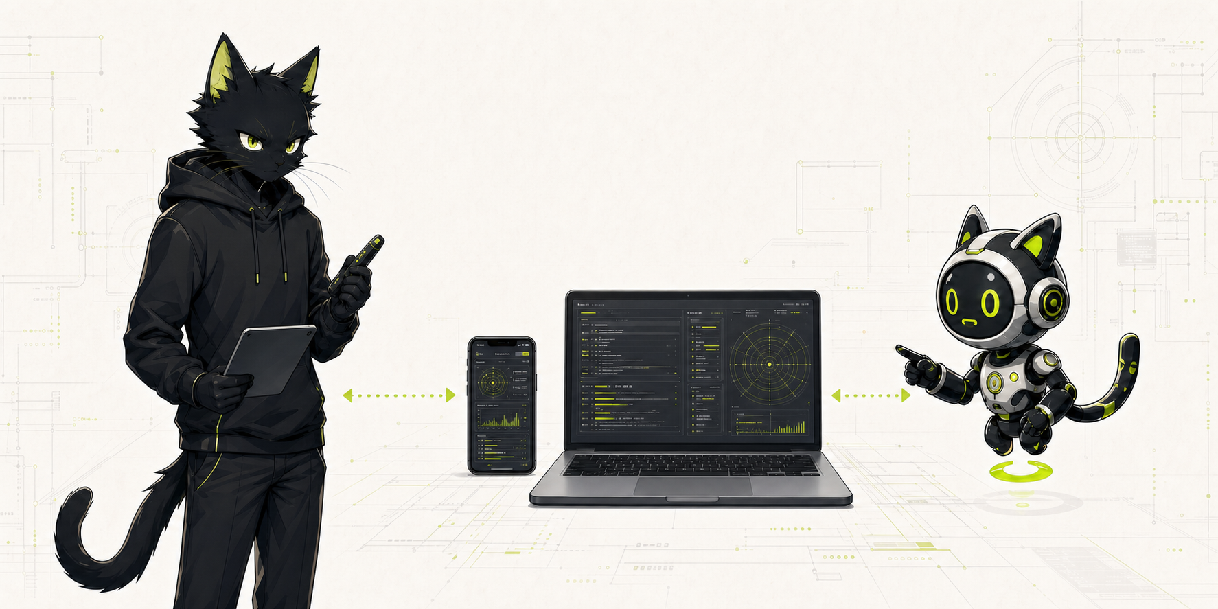 ภาพอธิบาย Human Pentester ระบบเป้าหมายบนโทรศัพท์และคอมพิวเตอร์ และ AI Agent รูปแมวหุ่นยนต์