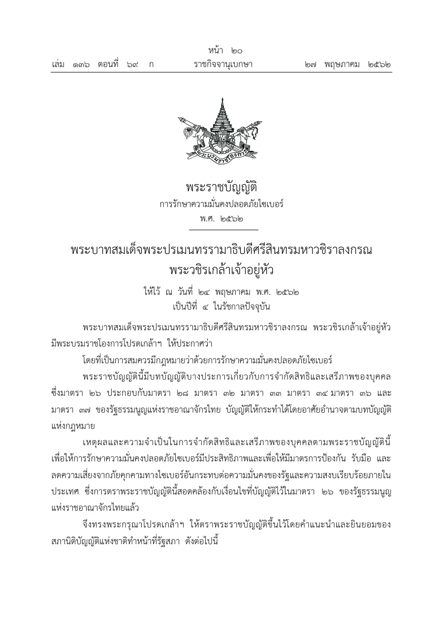 First-page preview of Cybersecurity Act B.E. 2562 (2019)