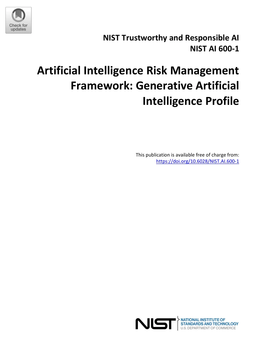 First-page preview of NIST AI 600-1: Artificial Intelligence Risk Management Framework: Generative Artificial Intelligence Profile